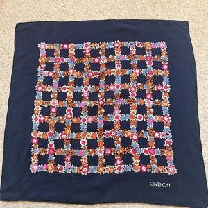Vintage Givenchy Navy Scarf with Floral Grid Design